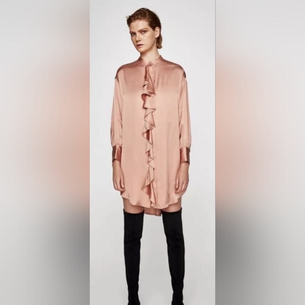ZARA SATIN EFFECT BLUSH Elegant Pink Ruffle Dress